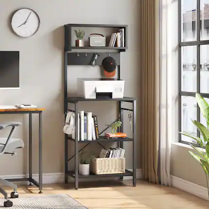 The image features a room with a desk, a chair, and a bookshelf. The bookshelf is filled with books, and there is a clock on the wall. The desk has a computer monitor and keyboard, and there is a potted plant nearby. The room also has a window, providing natural light. The overall atmosphere of the room is organized and functional, with a focus on work and study.
