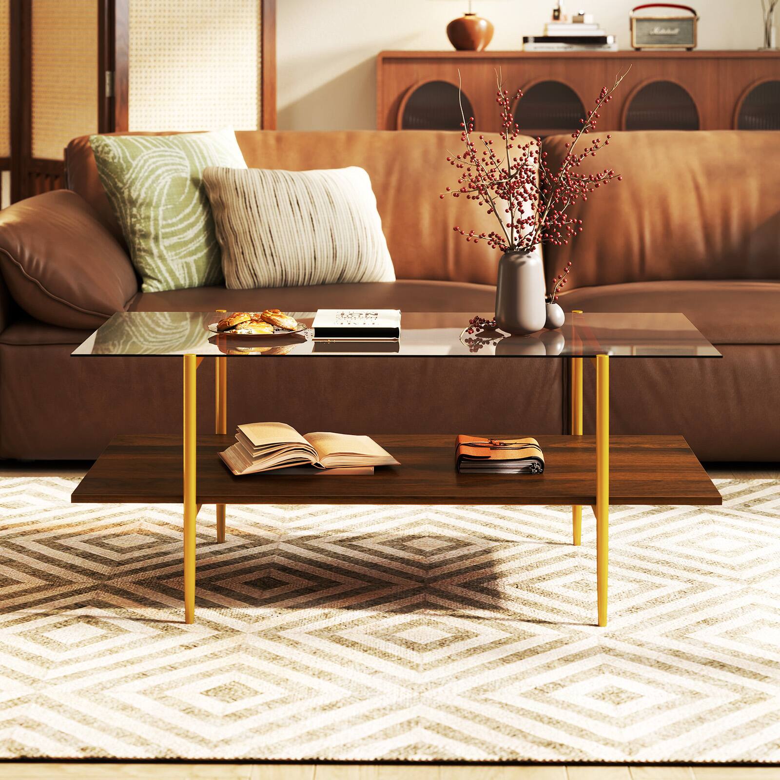 Alt View 2. SlickBlue - 2-Tier Glass Coffee Table with Tempered Glass Top and Open Storage Shelf - Brown.