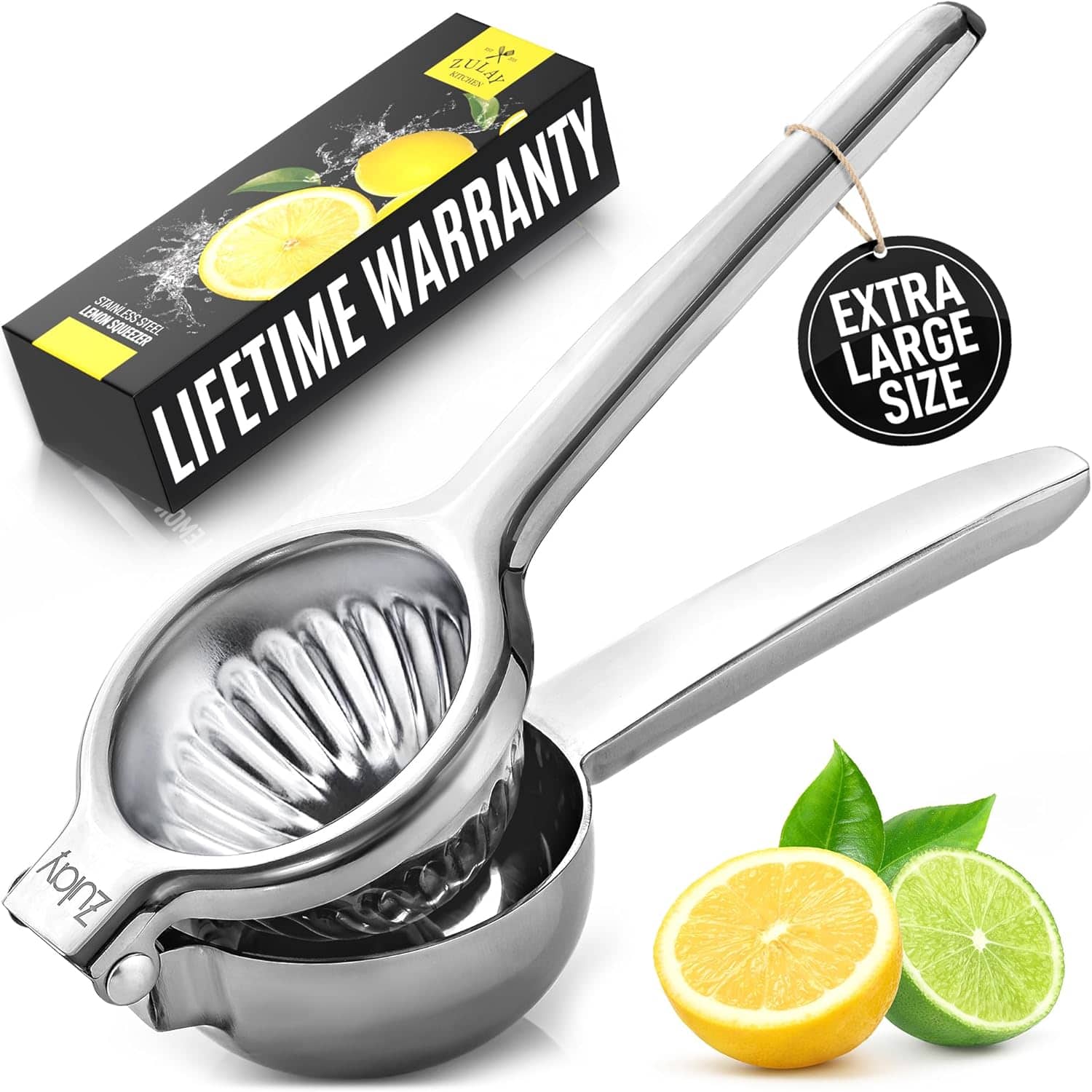 Zulay Kitchen - Extra Large Lemon Squeezer Stainless Steel - Easy Squeeze Heavy Duty Lemon Juicer Hand Press - Silver