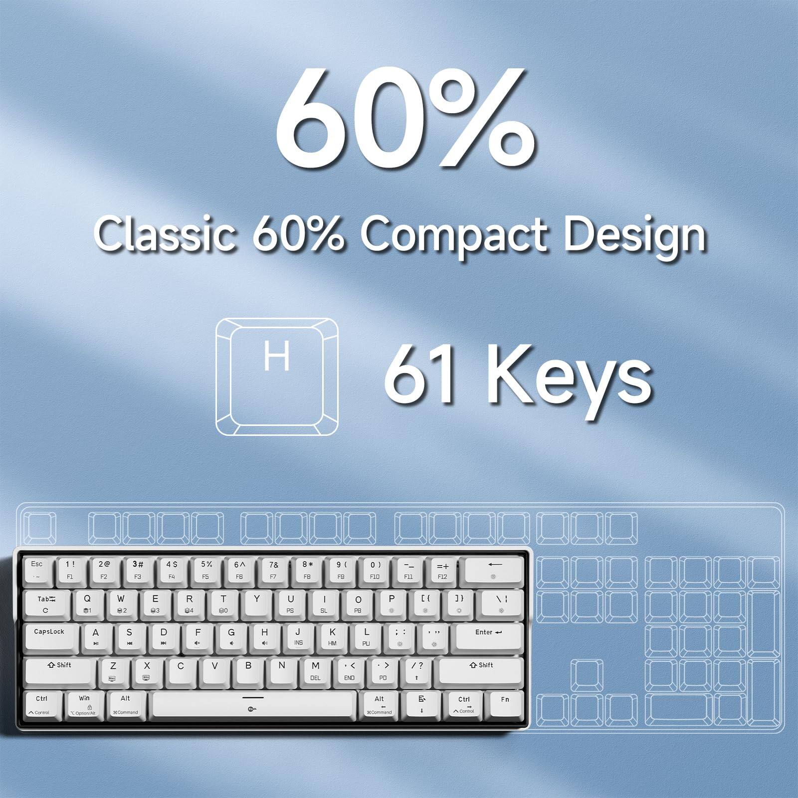60% Classic 60% Compact Design  
61 Keys  

Esc 1 2 3 4 5 6 7 8 9 0 - = Backspace  
Tab Q W E R T Y U I O P [ ] \  
Caps Lock A S D F G H J K L ; ' Enter  
Shift Z X C V B N M , . / Shift  
Ctrl Win Alt Spacebar Alt Ctrl Fn  
Ctrl Win Alt