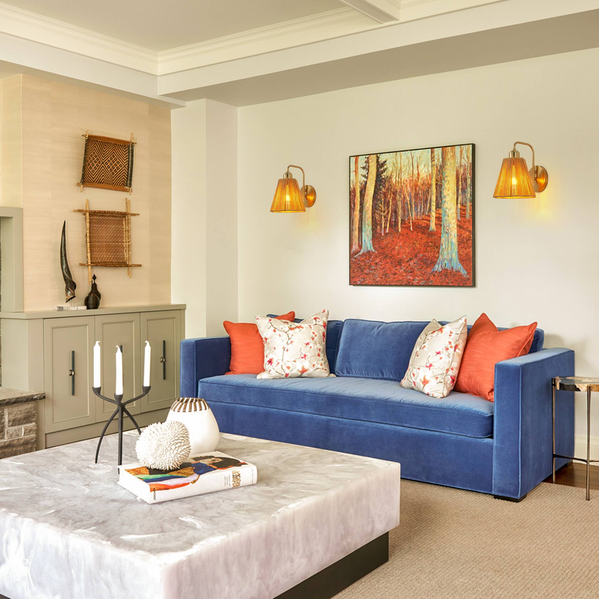 Left. Parrot Uncle - 9" Modern Gold Iron Wall Sconce Light with Paper Rope shade for Bedroom, Hallway, Living Room - Gold.