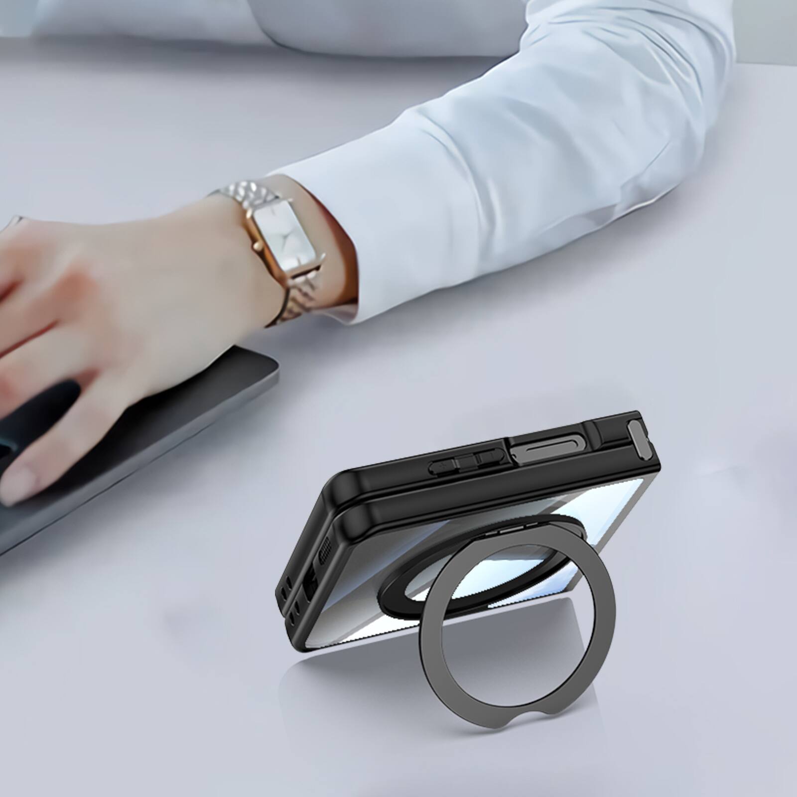Alt View 2. Dteck - Magnetic Clear Case For Samsung Galaxy Z Flip 7, Shockproof Anti-Scratch 360° Ring Holder Stand PC+TPU Protection Cover - Black.