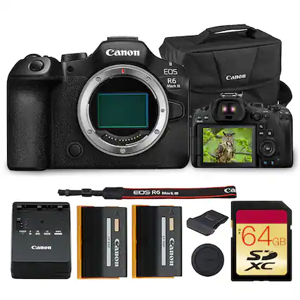 Canon EOS R6 Mark III
Canon LP-E6N
Canon LP-E6N
Canon 64GB SDXC
Canon Lens Hood
Canon Camera Bag