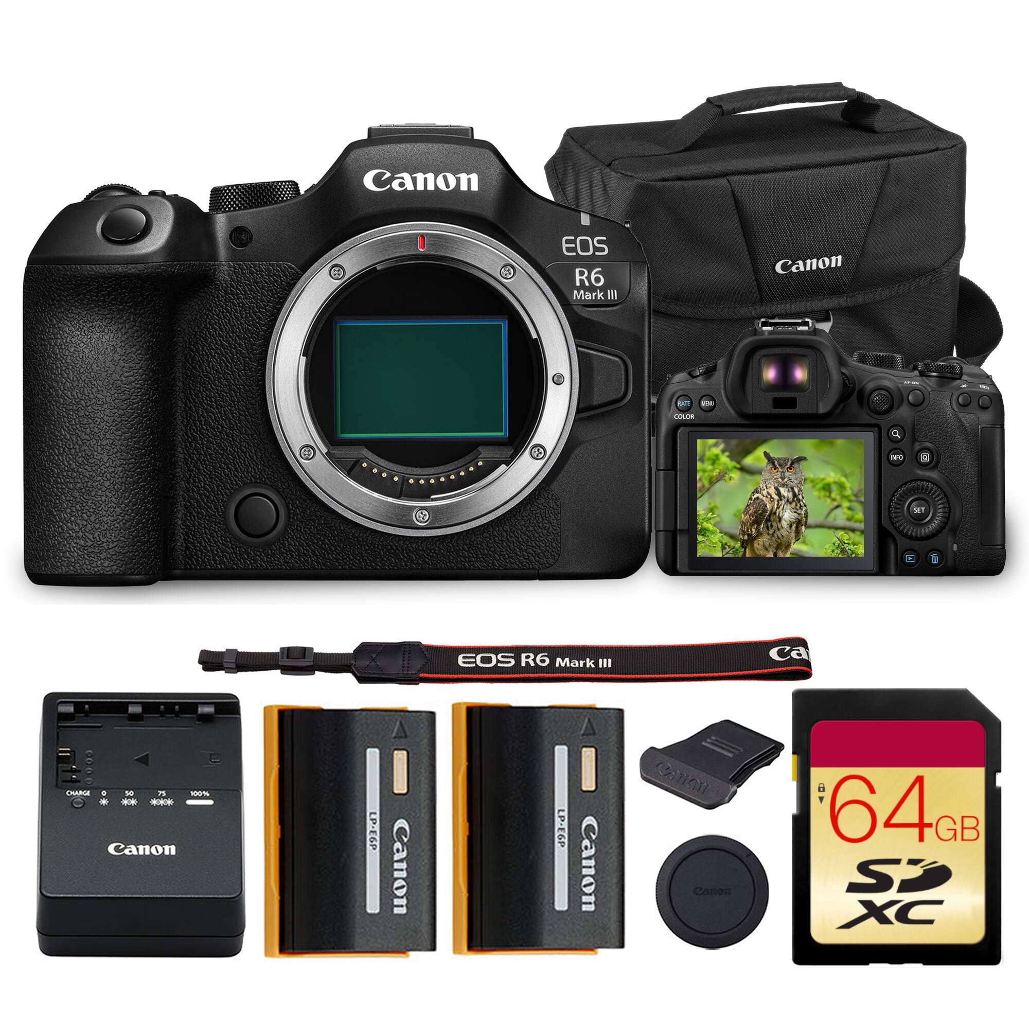 Canon EOS R6 Mark III  
Canon LP-E6N  
Canon LP-E6N  
Canon 64GB SDXC  
Canon Lens Hood  
Canon Camera Bag