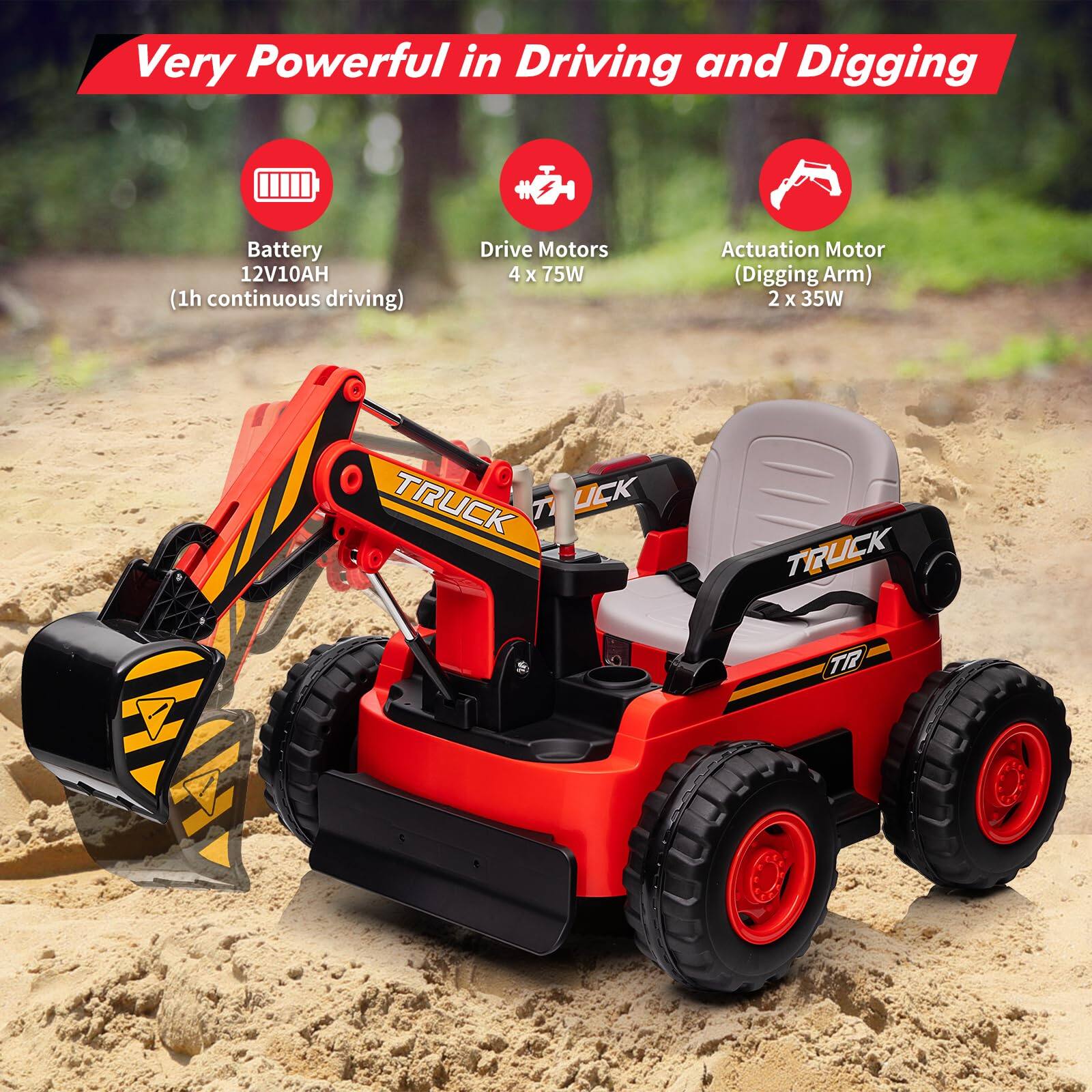 Very Powerful in Driving and Digging

- Battery: 12V10AH (1h continuous driving)
- Drive Motors: 4 x 75W
- Actuation Motor (Digging Arm): 2 x 35W