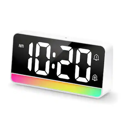 Front. Dazzed Corner - Large Digital Alarm Clock with 7" Display, Color-Changing Night Light - White.