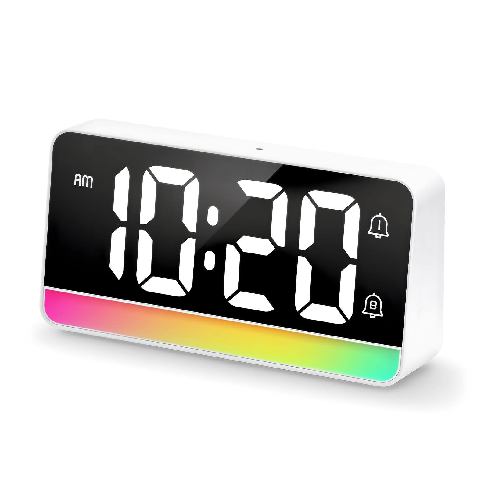 Front. Dazzed Corner - Large Digital Alarm Clock with 7" Display, Color-Changing Night Light - White.