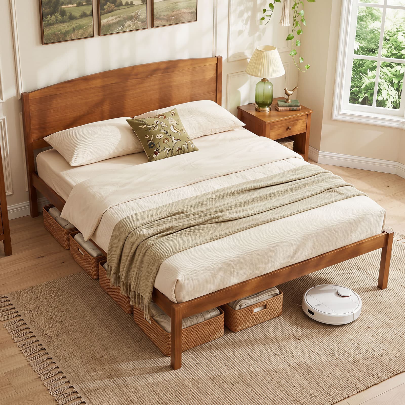 Gymax - Queen Size Wooden Platform Bed Frame w/Curved Headboard Solid Pine Wood Legs Walnut - Brown price history on PriceWatchPro