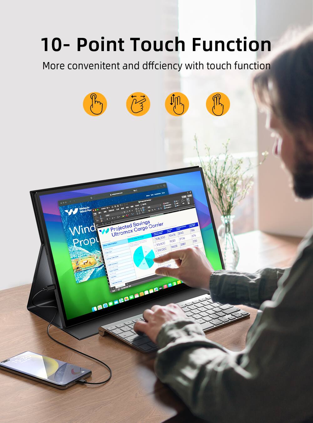 10- Point Touch Function  
More convenient and efficient with touch function  

Welcoming a new era of interaction  

WindPow P  
Projected Savings Carrier  
Ultramax Cargo  
71%  
3043  
Ourd Are Sme  
108,300  
2006  
AAA  
Prpu  
170  
-  
93600  
2 Pa3  
9-0  
25  
-  
400  
-  
15:30