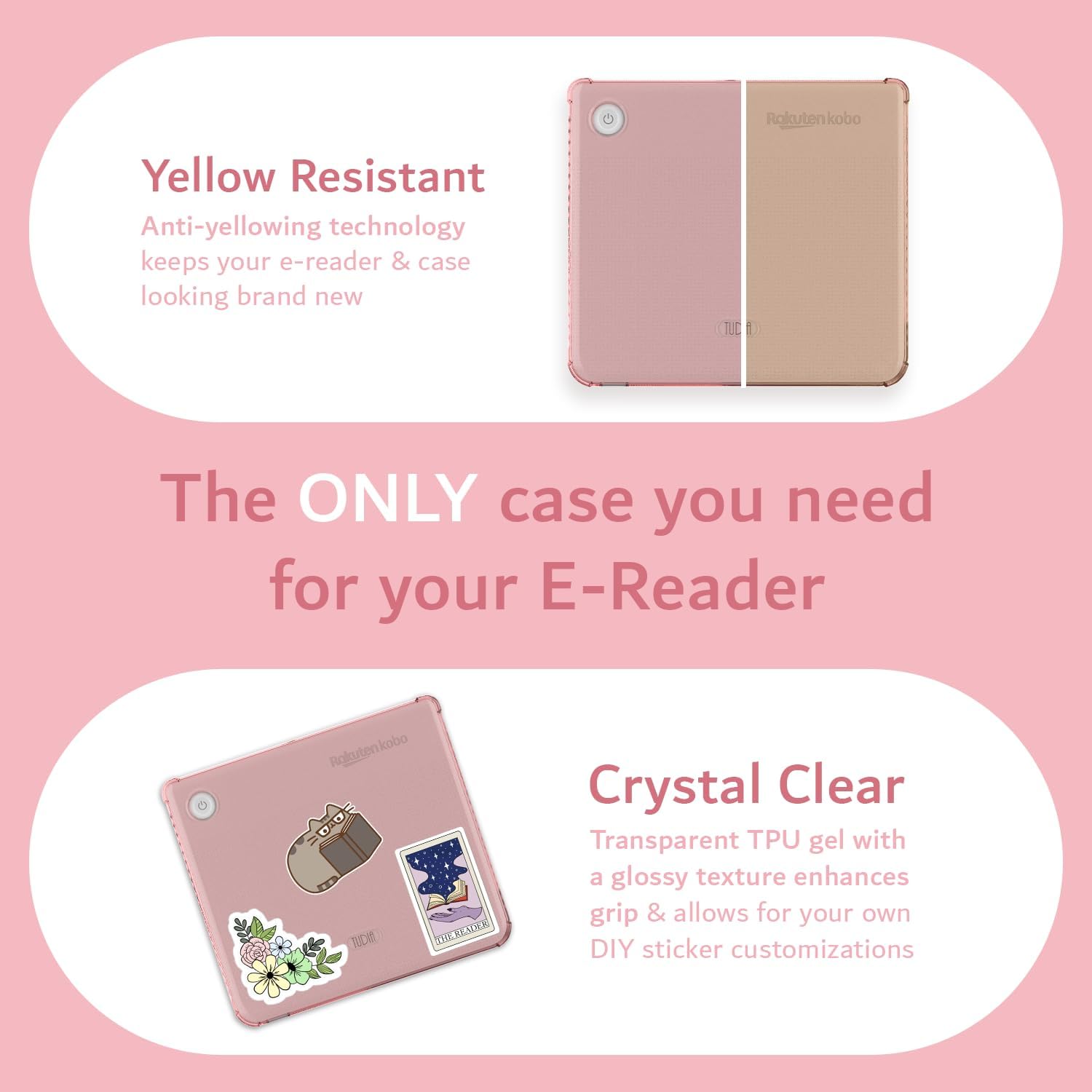 Rokuten kobo Yellow Resistant Anti-yellowing technology keeps your e-reader & case looking brand new

The ONLY case you need for your E-Reader

Crystal Clear Transparent TPU gel with a glossy texture enhances grip & allows for your own DIY sticker customizations