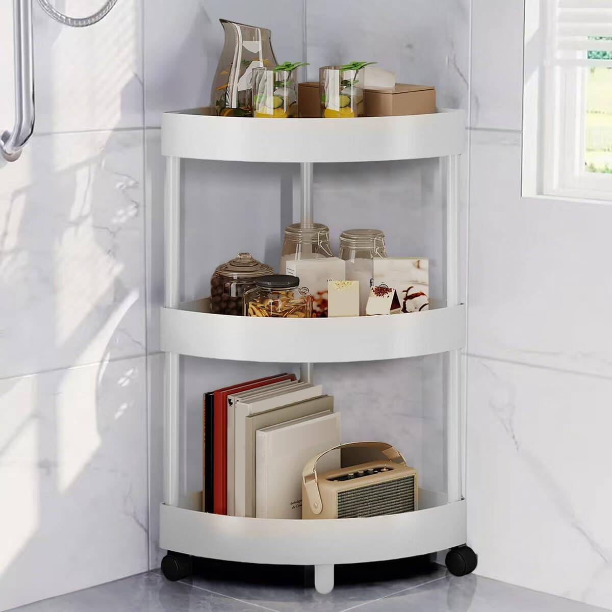 Reds Spade - Rolling Cart with Wheels 3 Tier Bathroom Organizer Mobile Shelving Unit Utility Cart Tower Rack Multifuncti - White