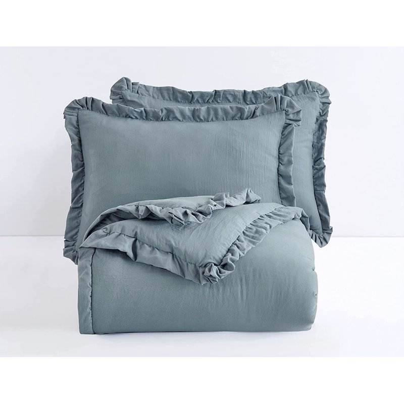 Left. Hivvago - King Oversized Blue Ruffled Edge Microfiber Comforter Set - Blue.