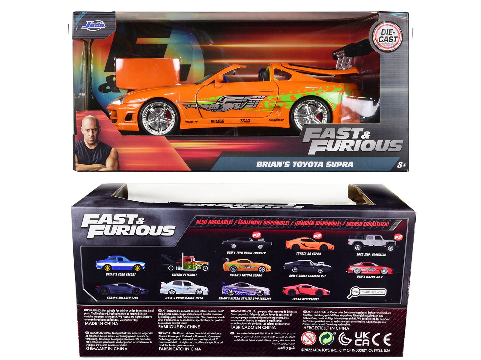 Jada ada DIE-CAST BOMES DAZZ Autgpleter FAST & FURIOUS BRIAN'S TOYOTA SUPRA 8+ it FAST & ALSO AVAILABLE! ÉGALÉMENT DISPONIBLE! TAMBIEN DISPONIBLE! EBENSO ERHÄLTICH! FURIOUS DON'S 1970 DODGE CHARGER IOTETA SEPRA JAI aTP LLAMATOR BRANS FORO ESEERT 1HI CUSTEM PETERBILT BRIAN'S TOTOTA SEPEA DoW 0208 CHABLER B/T Area E htp MAWS MCLANR 720 FuER VELESWALCN MTTA BRAN'S RSSAR SETLORE 0 4 ITRAN BTPOESPORT MAHING sbulla childen under monds Smul TNTION andents - ADVERTENCIA - pae menores ACHTUNG - Miche e Mamaten ng aa mdtulhune - Challing had Pudkoging - since Petles pices -ua uTe Peoes pequeltes Peligre ais Tmar Caintole Diese Tesrosfumg - importen -