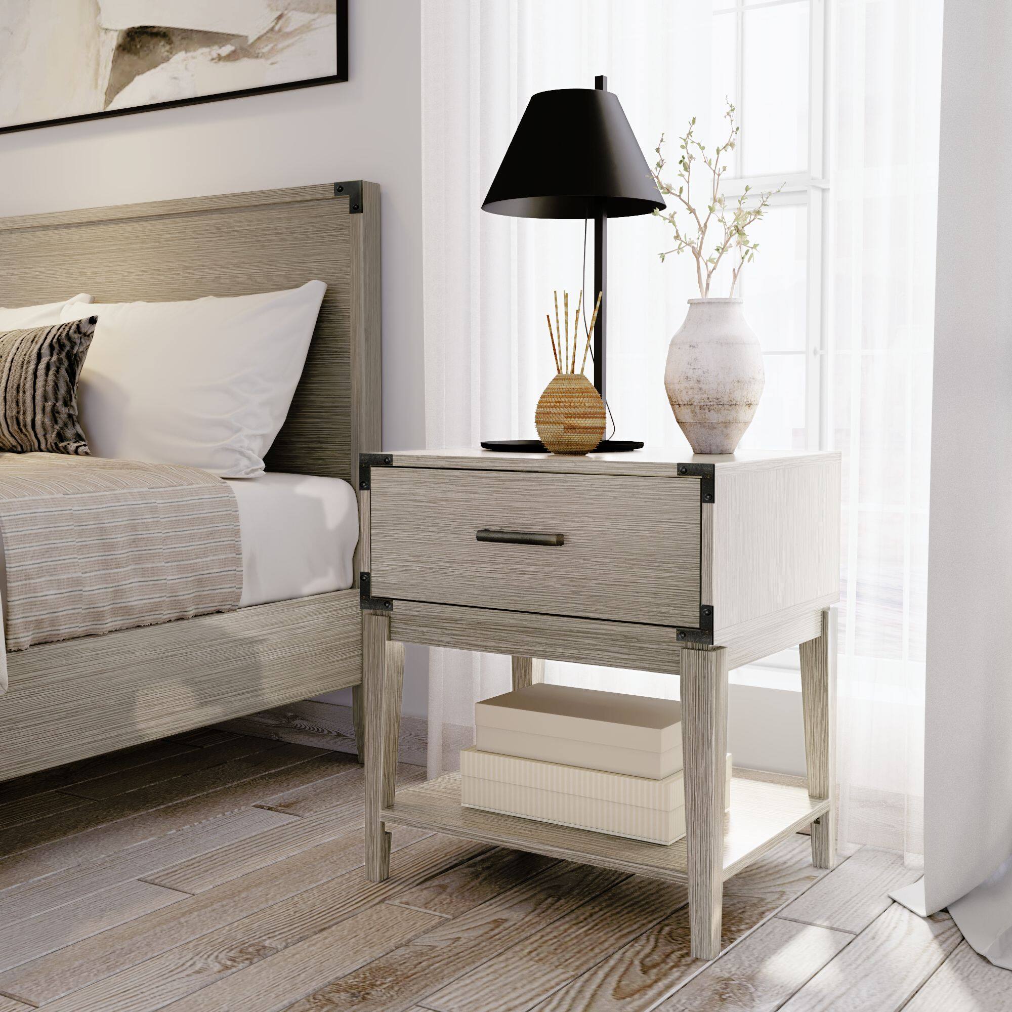 Alt View 7. Plank+Beam - Contempo Nightstand with 1 Drawer, Seashell Wirebrush - Seashell Wirebrush.