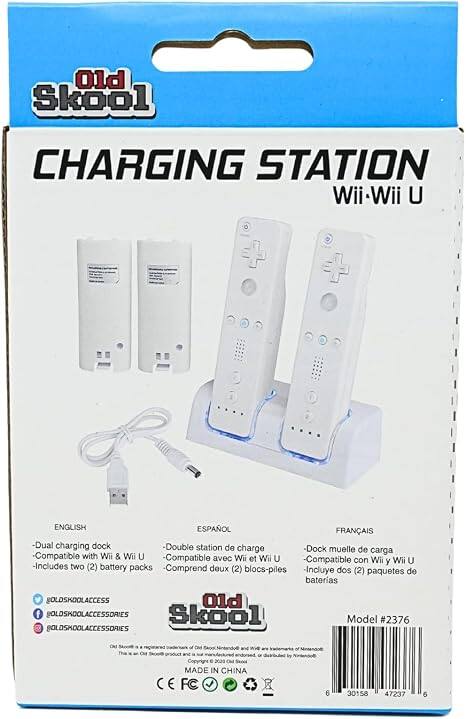 Old Skool  
CHARGING STATION Wii.Wii U  
ENGLISH ESPAÑOL FRANÇAIS  
-Dual charging dock  
-Double station de charge  
-Dock muelle de carga  
Compatible with Wii & Wii U  
-Compatible avec Wii et Wii U  
-Compatible con Wii y Wii U  
-Comprend deux (2) blocs-piles  
-Incluye dos (2) paquetes de baterías  
@OLDSKOOLACCESS  
Old f @OLOSKOOLACCESSORIES  
Skool Model #2376  
@OLDSKOOLACCESSORIES  
Old Skool and WAS are trademarks of Nintendo. This is an Old Skool product endorsed and distributed by Nintendo.  
Copyright © 2020 Old Skool  
MADE IN CHINA  
30158 47237
