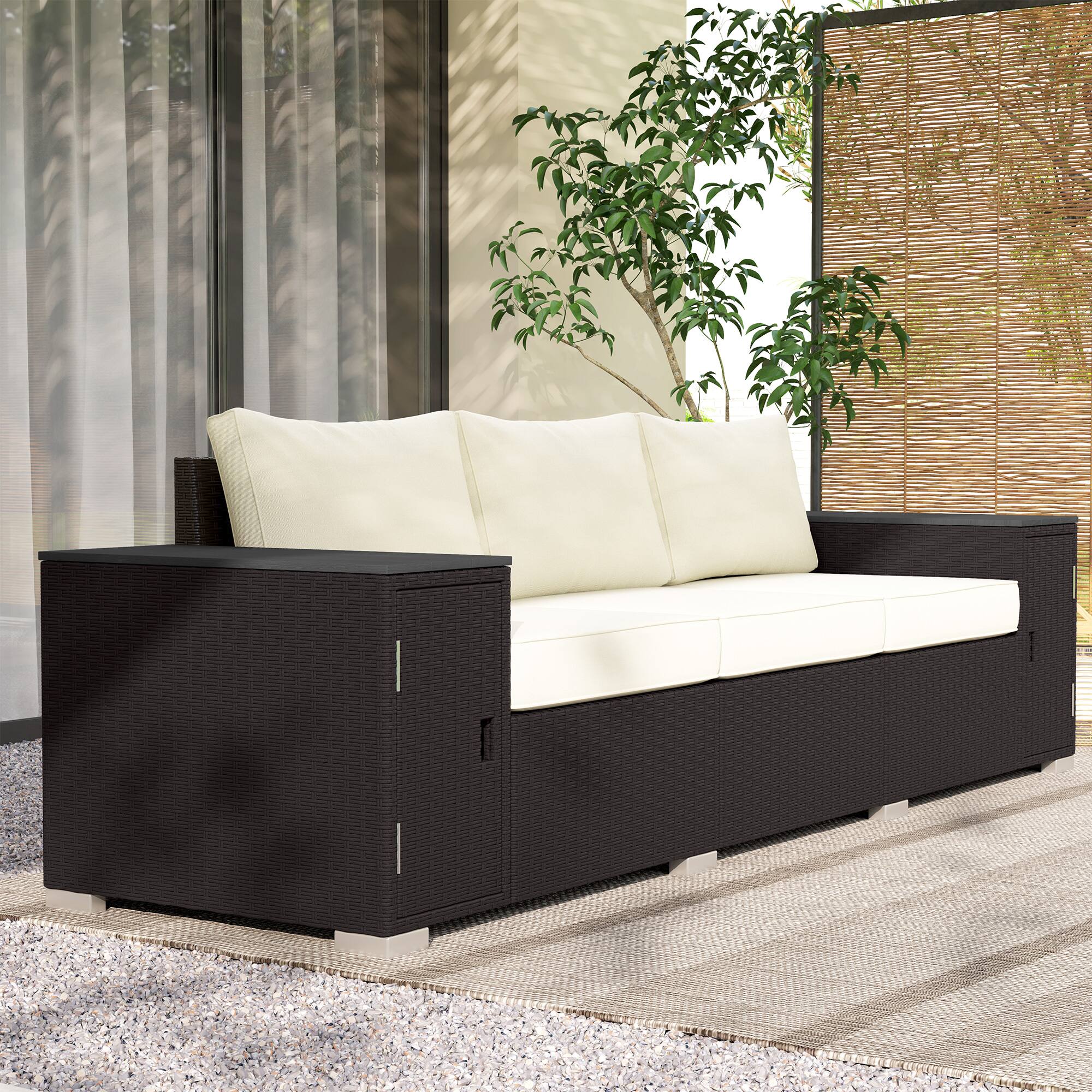 Alt View 1. Outsunny - Seater Wicker Outdoor Couch Patio Sofa with Storage, Thickened Cushions and Wide Armrests for Porch Yard - Cream White/Brown.