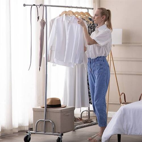 Angle. SlickBlue - Heavy Duty Metal Garment Rack with Lockable Wheels for Clothes Storage - Chrome.