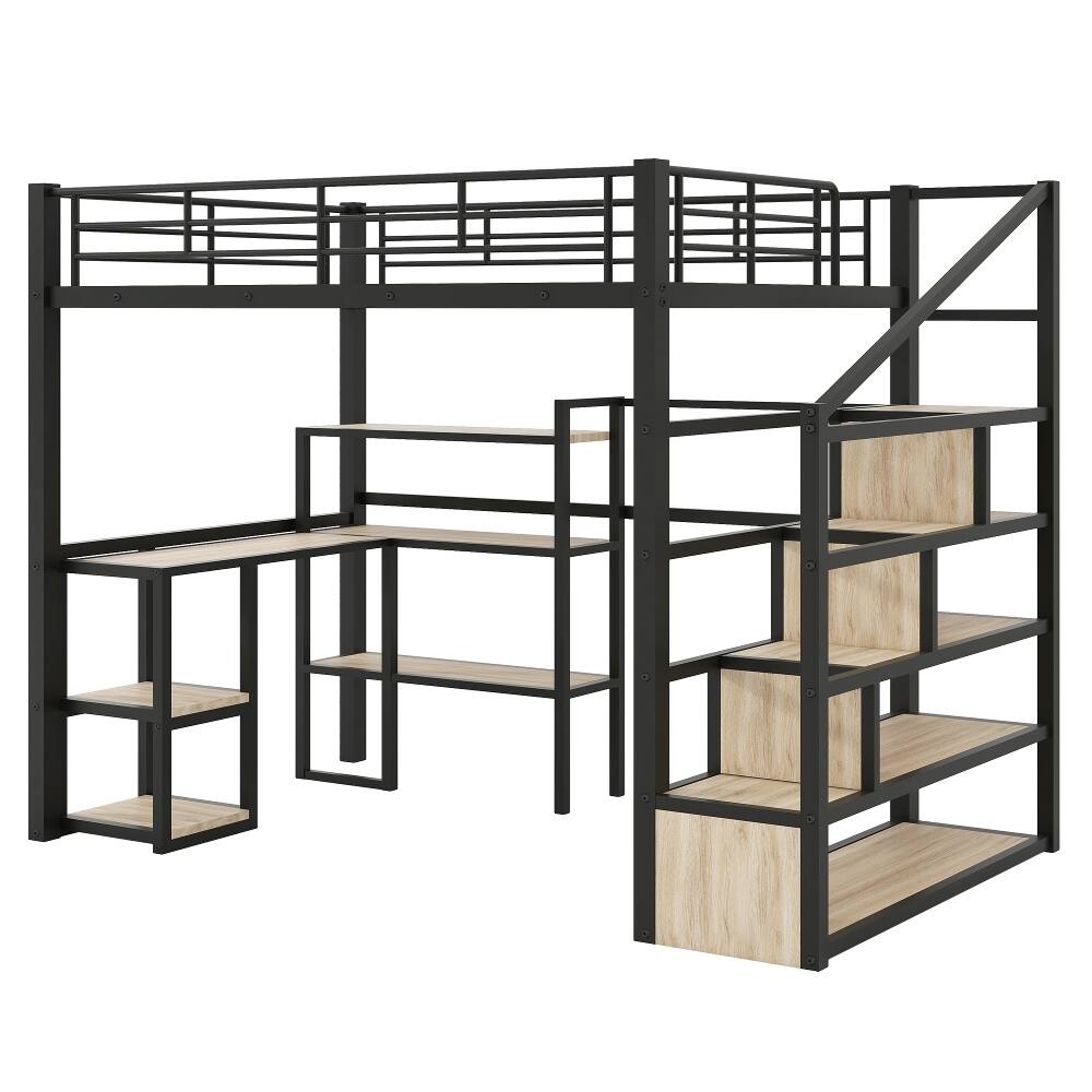 Alt View 7. Loheer - Loheer Full Size Metal Loft Bed with Desk, Staircase and Shelves, Black - Black.