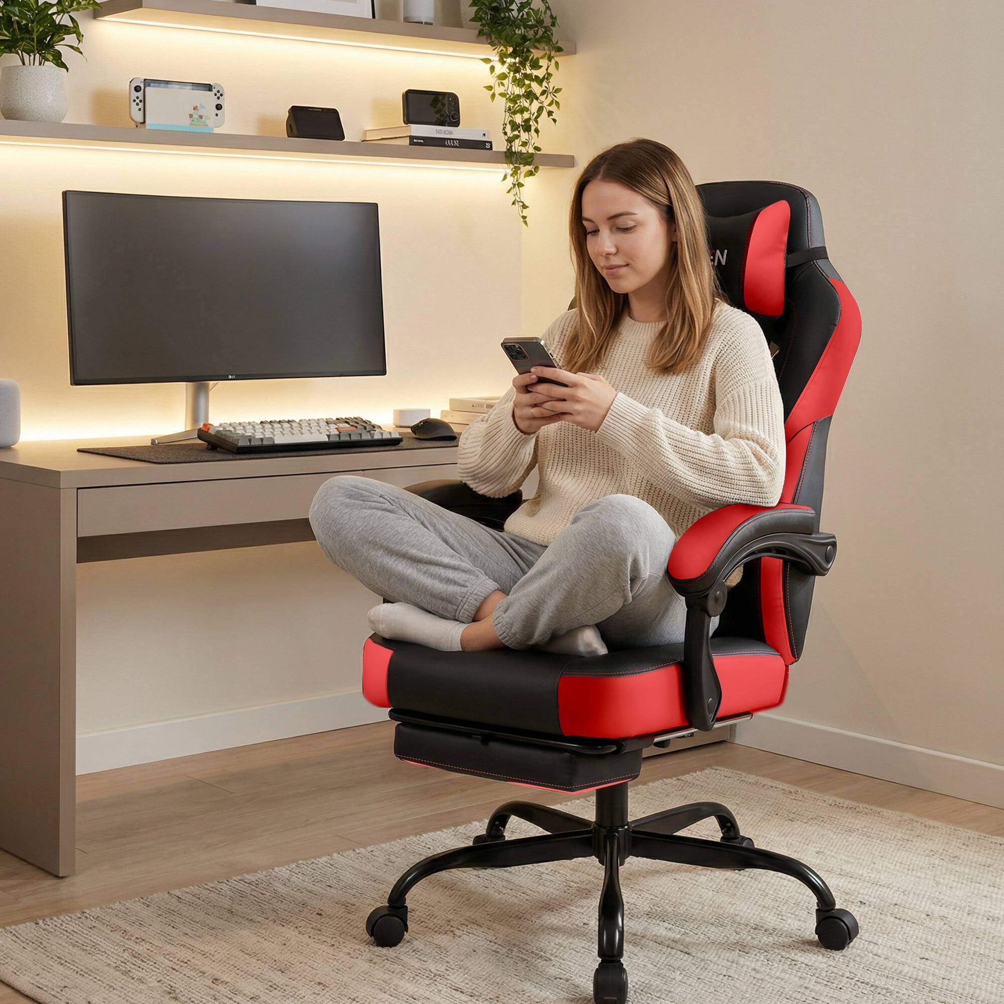 Alt View 4. Neo Chair - Gaming Chair with Footrest, Heavy Duty 400 lbs, Ergonomic Chair with Headrest and Lumbar Support,  PU Leather Recliner - Big & Tall Red.