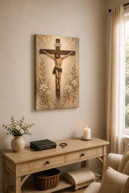 FC Design - Large Jesus On Cross Floral Canvas Print 24x36"-Ready-to-Hang Sacred Catholic Prayer Room Art Painting Home Wall Décor - MultiColor