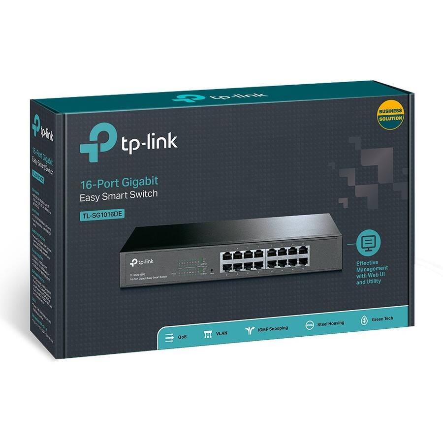 tp-link  
16-Port Gigabit Easy Smart Switch  
TL-SG1016DE  

Business Solution  

Effective Management with Web UI and Utility  
QoS  
VLAN  
IGMP Snooping  
Steel Housing  
Green Tech  

tp-link  
16-Port Gigabit Easy Smart Switch