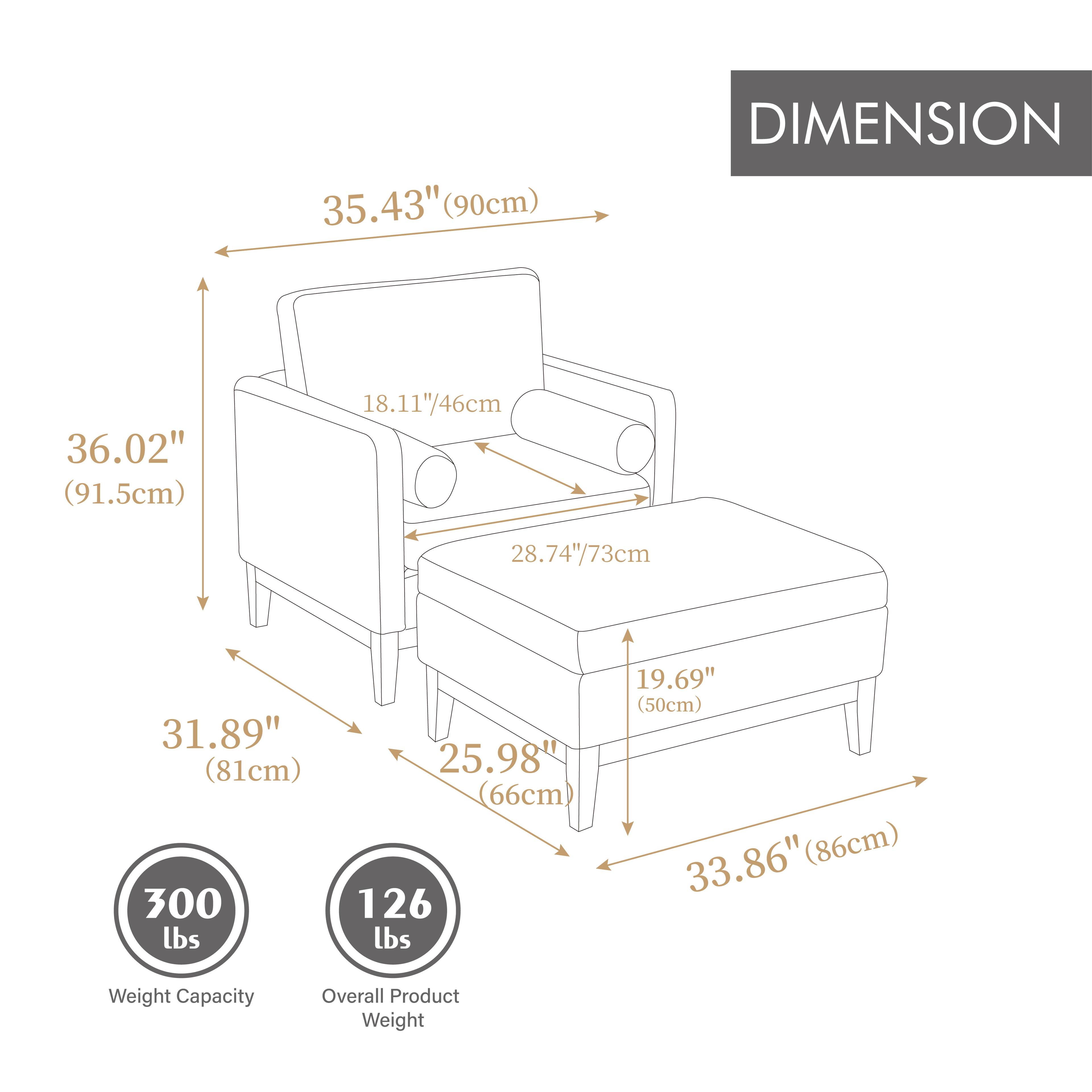 **DIMENSION**

- 35.43" (90cm)
- 36.02" (91.5cm)
- 31.89" (81cm)
- 28.74"/73cm
- 18.11"/46cm
- 25.98" (66cm)
- 19.69" (50cm)
- 33.86" (86cm)

**Weight Capacity:** 300 lbs

**Overall Product Weight:** 126 lbs