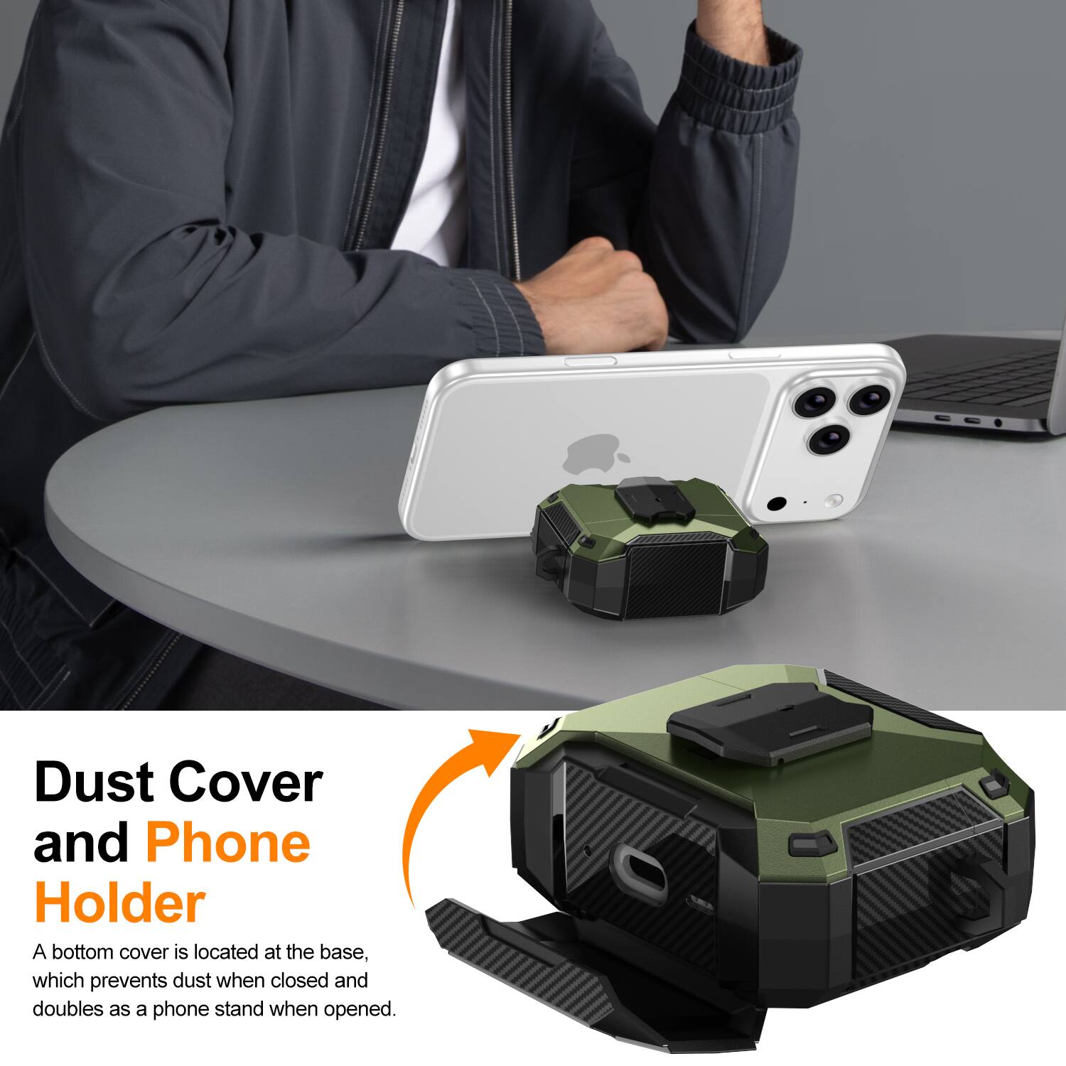 Dust Cover and Phone Holder

A bottom cover is located at the base, which prevents dust when closed and doubles as a phone stand when opened.