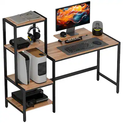 Front. Homcom - 59" Gaming Desk, Reversible Computer Desk with Monitor Stand and 4-Tier Storage Shelves - Brown.