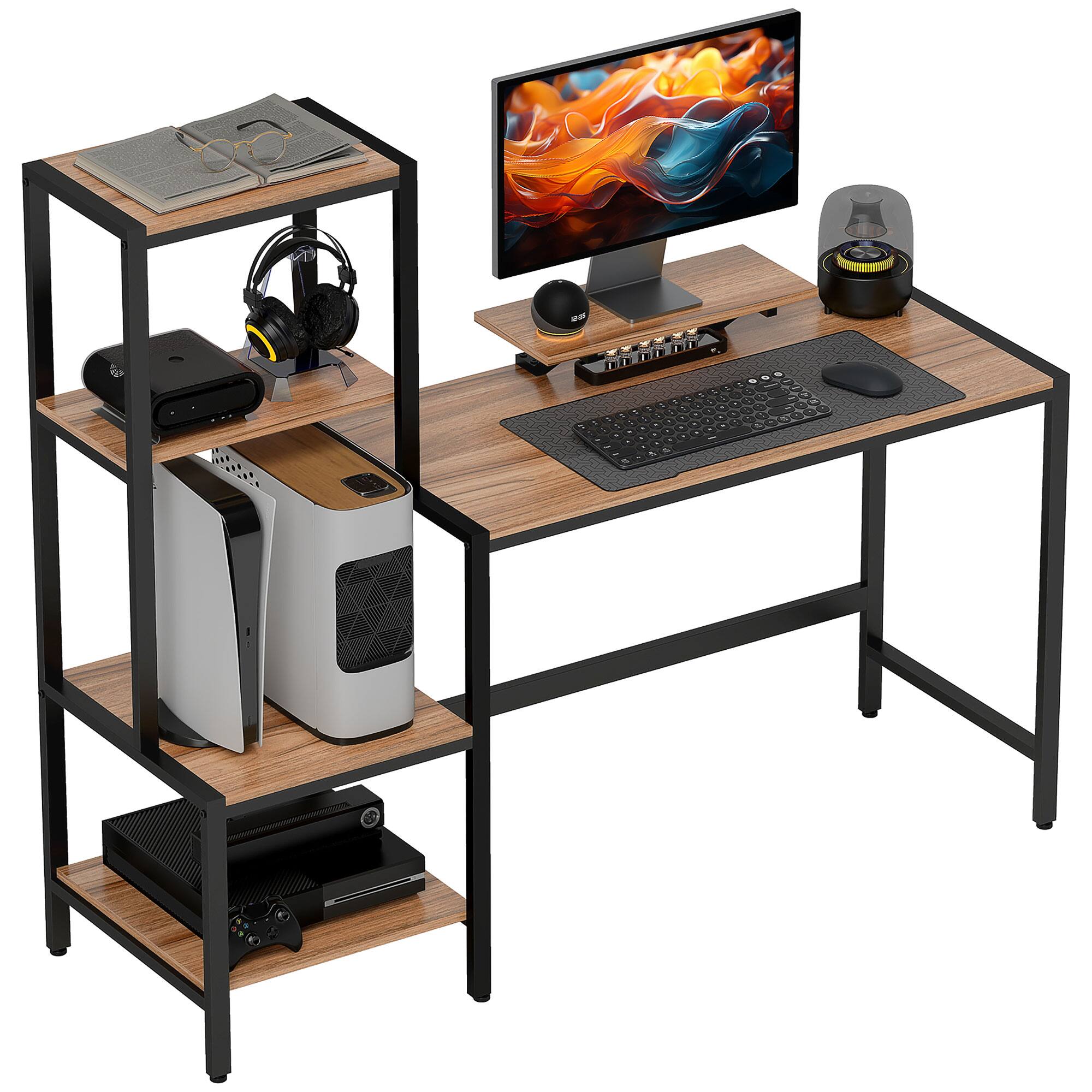 Front. Homcom - 59" Gaming Desk, Reversible Computer Desk with Monitor Stand and 4-Tier Storage Shelves - Brown.