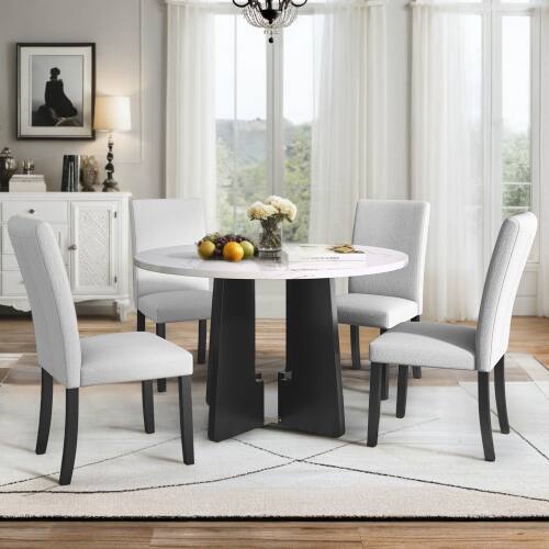 Alt View 1. LUCKY ONE - 5-Piece Modern Dining Set with 43.3" Round Dining Table and 4 Upholstered Chairs - Beige+White.