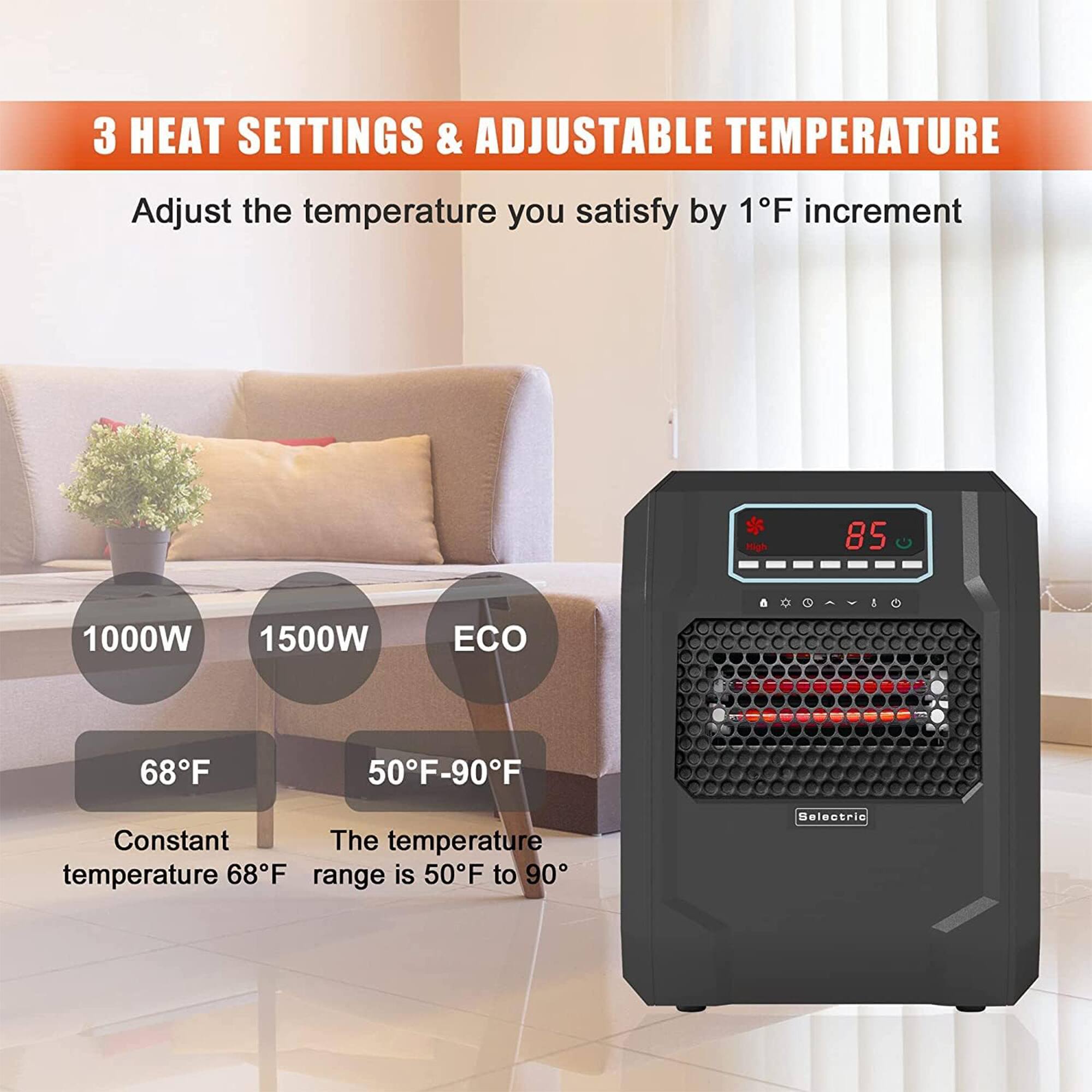 3 HEAT SETTINGS & ADJUSTABLE TEMPERATURE

Adjust the temperature you satisfy by 1°F increment

- 1000W
- 1500W
- ECO

68°F  
Constant temperature 68°F

50°F-90°F  
The temperature range is 50°F to 90°F