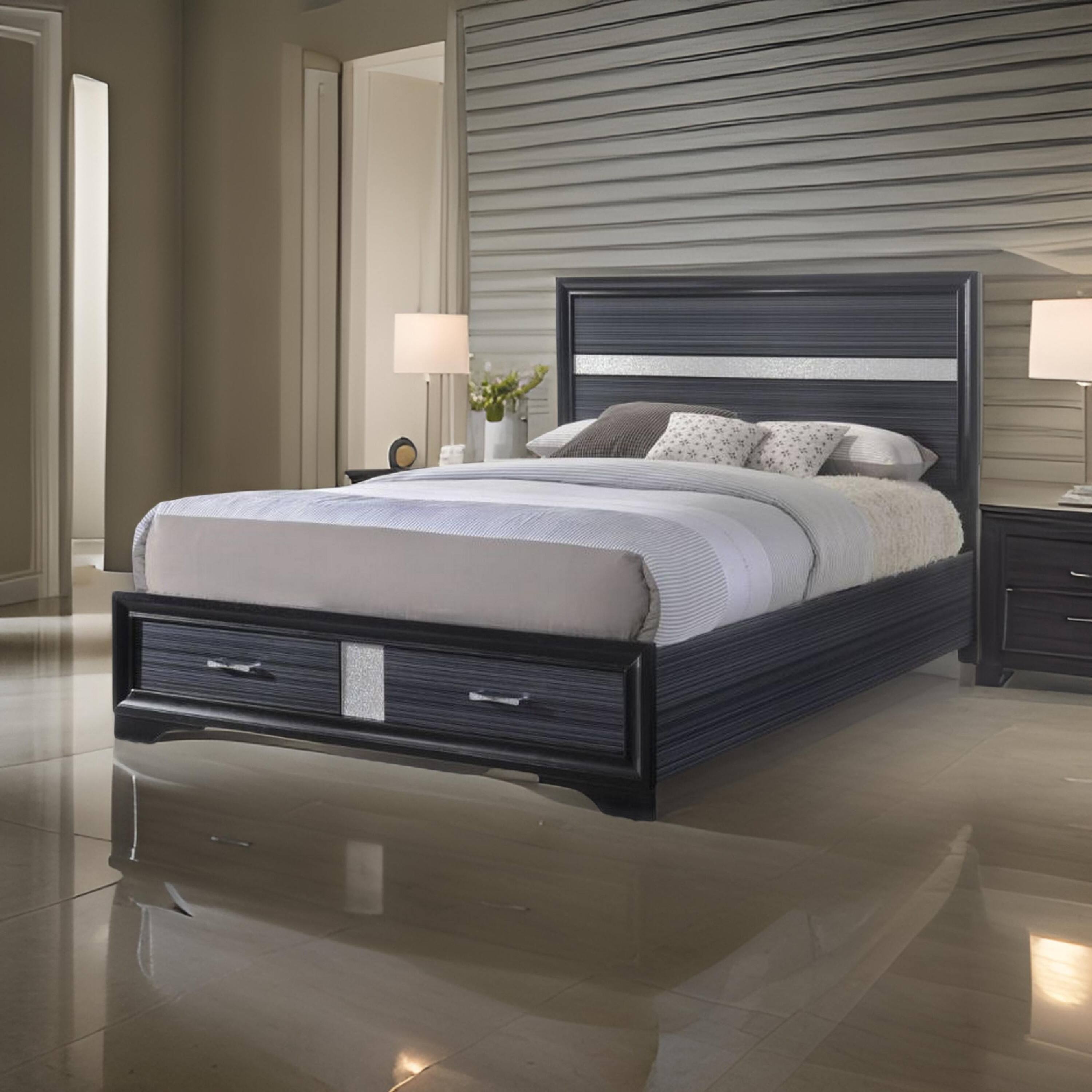 Alt View 5. Manhattan Lane - Nae Queen Size Bed, Rubberwood, Gray, Textured, Shimmery Acrylic Trim - Black, Gray, Silver.