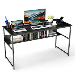 Costway - 55" x 24" Computer Desk with Power Outlets & USB Ports, Storage Shelf, Metal Frame - Black