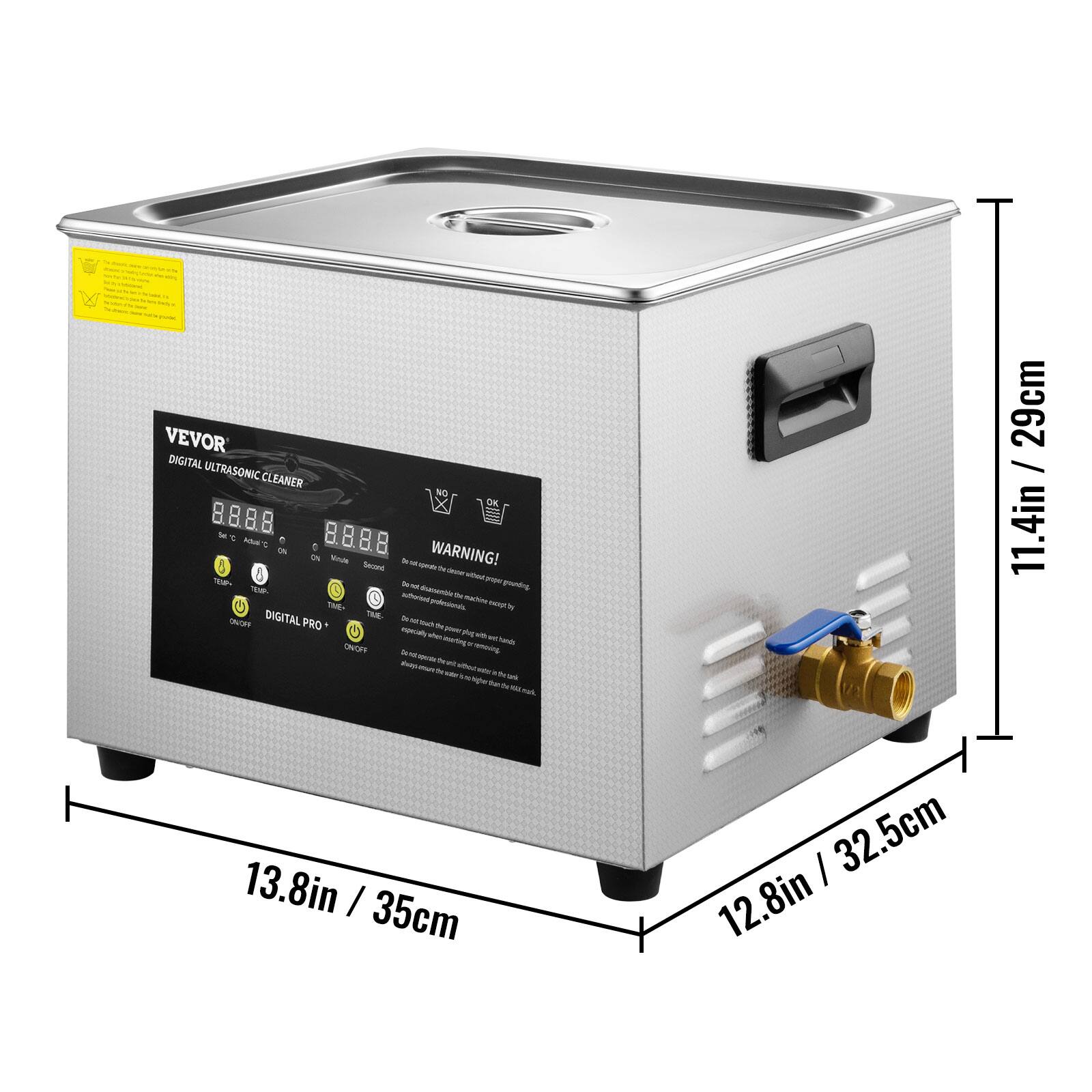 VEVOR DIGITAL ULTRASONIC CLEANER NO OK Fat Adial 0% WARNING! Minute in Served for dover TEAN the expry be not TEID. dranemble the adholuted professionals. twangh.fr THE DIGITAL THE Do QUOFF PRO buck be espeally gres Apt whin eserting hands ON/OFF savaju

29cm / 11.4in
13.8in / 35cm
32.5cm / 12.8in