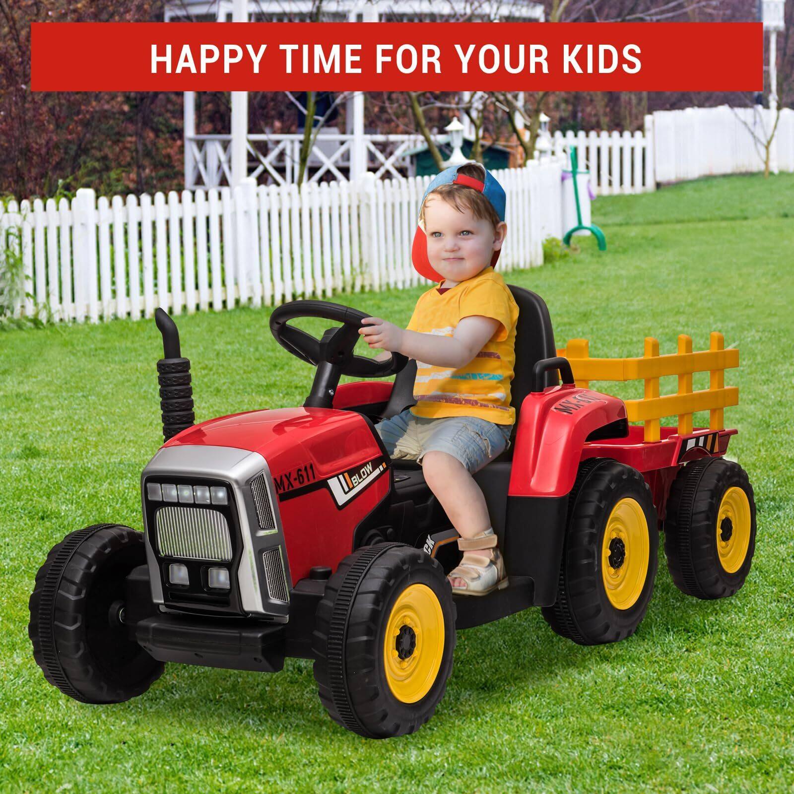 GARVEE 12V Kids Ride on Tractor with Trailer & Remote Control, Electric ...