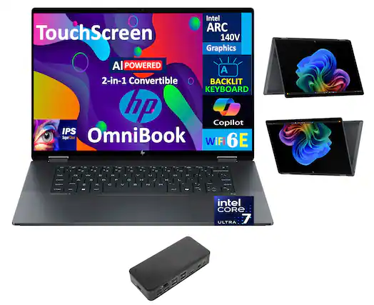 Sure, here is the corrected and grouped text from the image:
---
**TouchScreen**
**AI POWERED**
**2-in-1 Convertible**
**hp OmniBook**
**Intel ARC 140V Graphics**
**BACKLIT KEYBOARD**
**Copilot**
**WiFi 6E**
**IPS Super Clear**
**intel CORE ULTRA 7**
---
