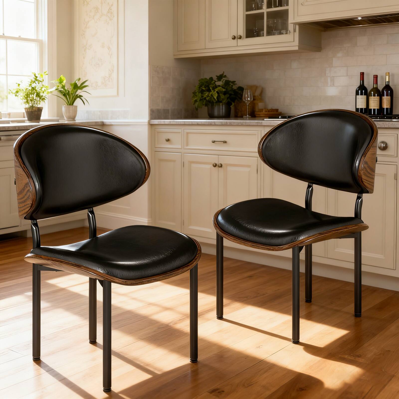 Alt View 1. Bestier - Bent Wood Dining Chair Set of 2, Ergonomic Design with PU Upholstery - Black.