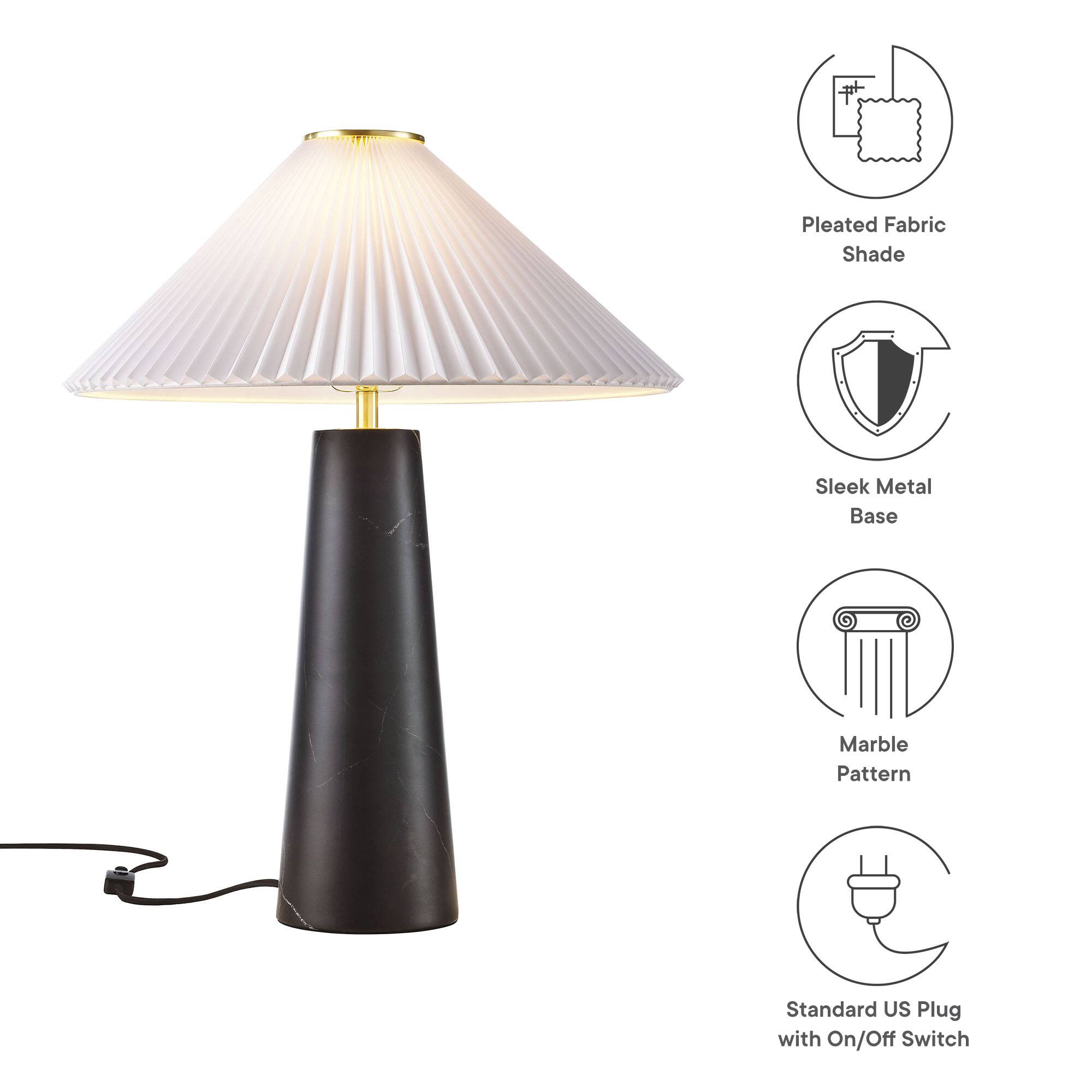 Pleated Fabric Shade  
Sleek Metal Base  
Marble Pattern  
Standard US Plug with On/Off Switch