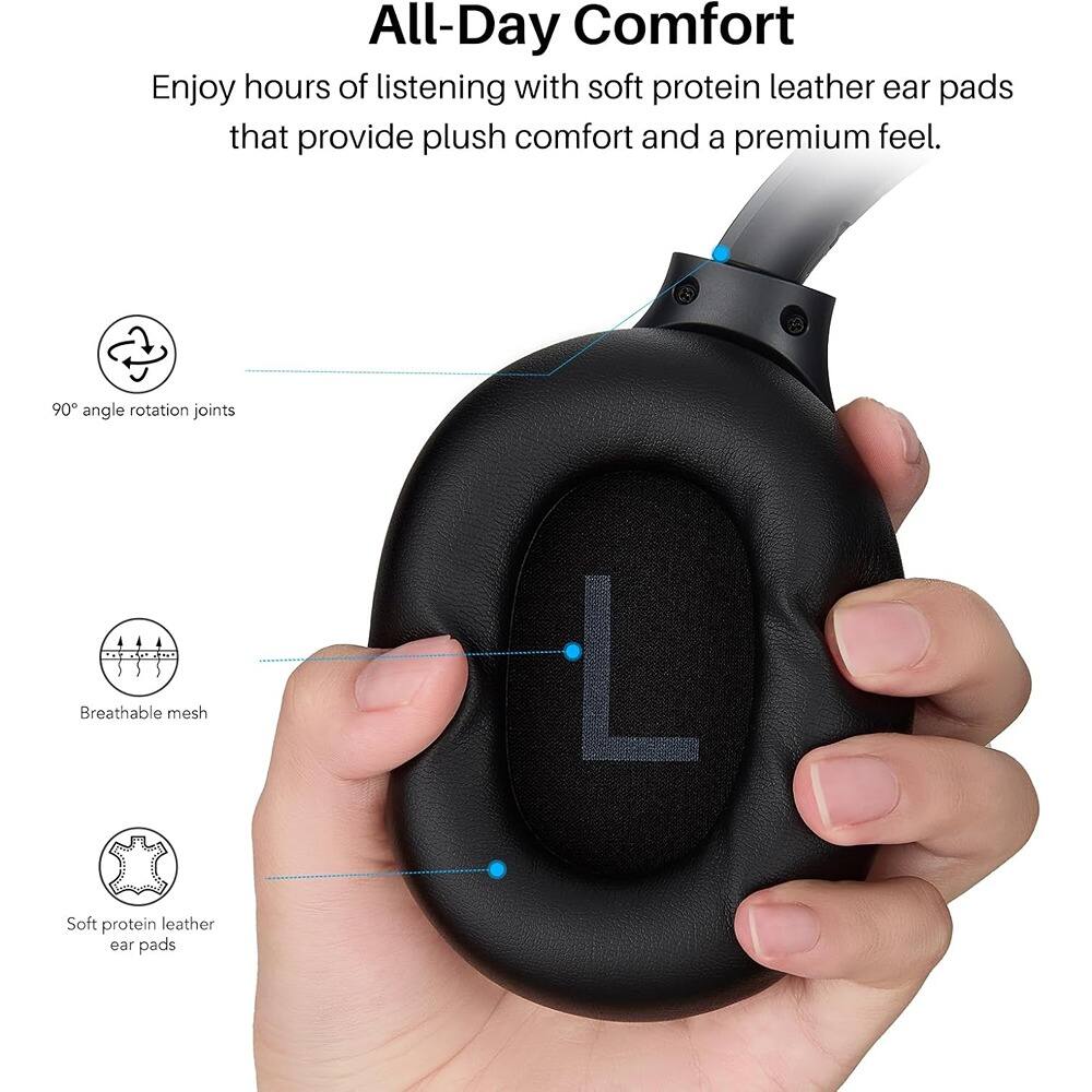 All-Day Comfort

Enjoy hours of listening with soft protein leather ear pads that provide plush comfort and a premium feel.

- 90° angle rotation joints
- Breathable mesh
- Soft protein leather ear pads