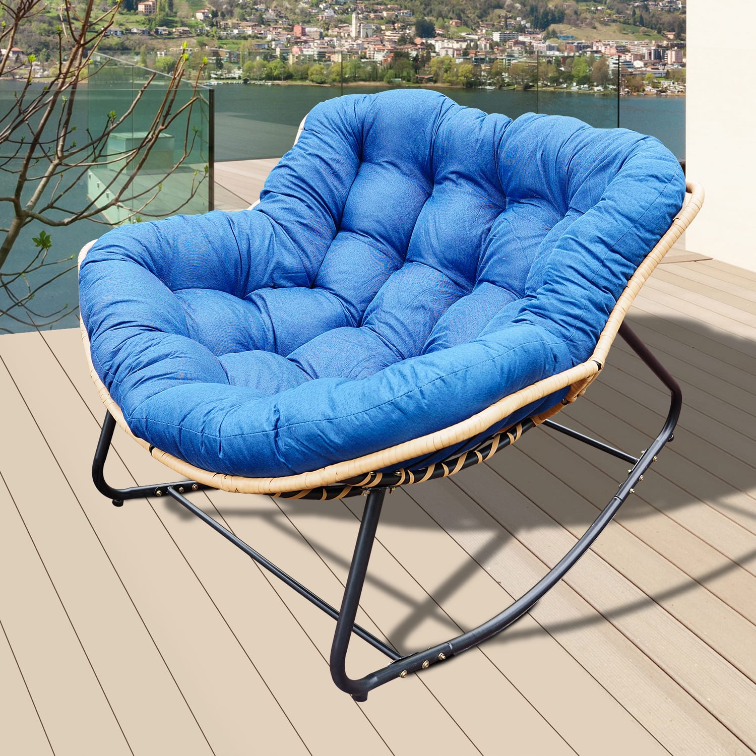 Trinkets Crazed - Larger Outdoor Rocking Chair, Patio Egg Rocking Chair, Indoor Papasan Chair, Rattan Wicker Lounge Chair - Dark Blue