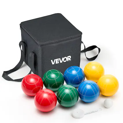 Front. VEVOR - Bocce Ball Set, 90 mm, with 8 Resin Balls, Pallino, Carrying Bag and Measuring Rope, Red/Green/Blue/Yellow 4 Colors - Red, Green, Blue, Yellow.
