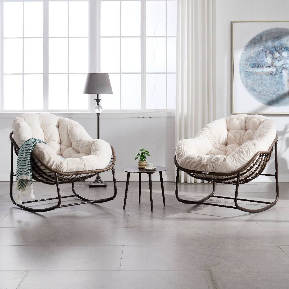Angle. Loheer - Loheer Outdoor Rattan Rocking Chair Padded Cushion Rocker Recliner Oversized Egg Chair for Patio Porch Living Room White - White.