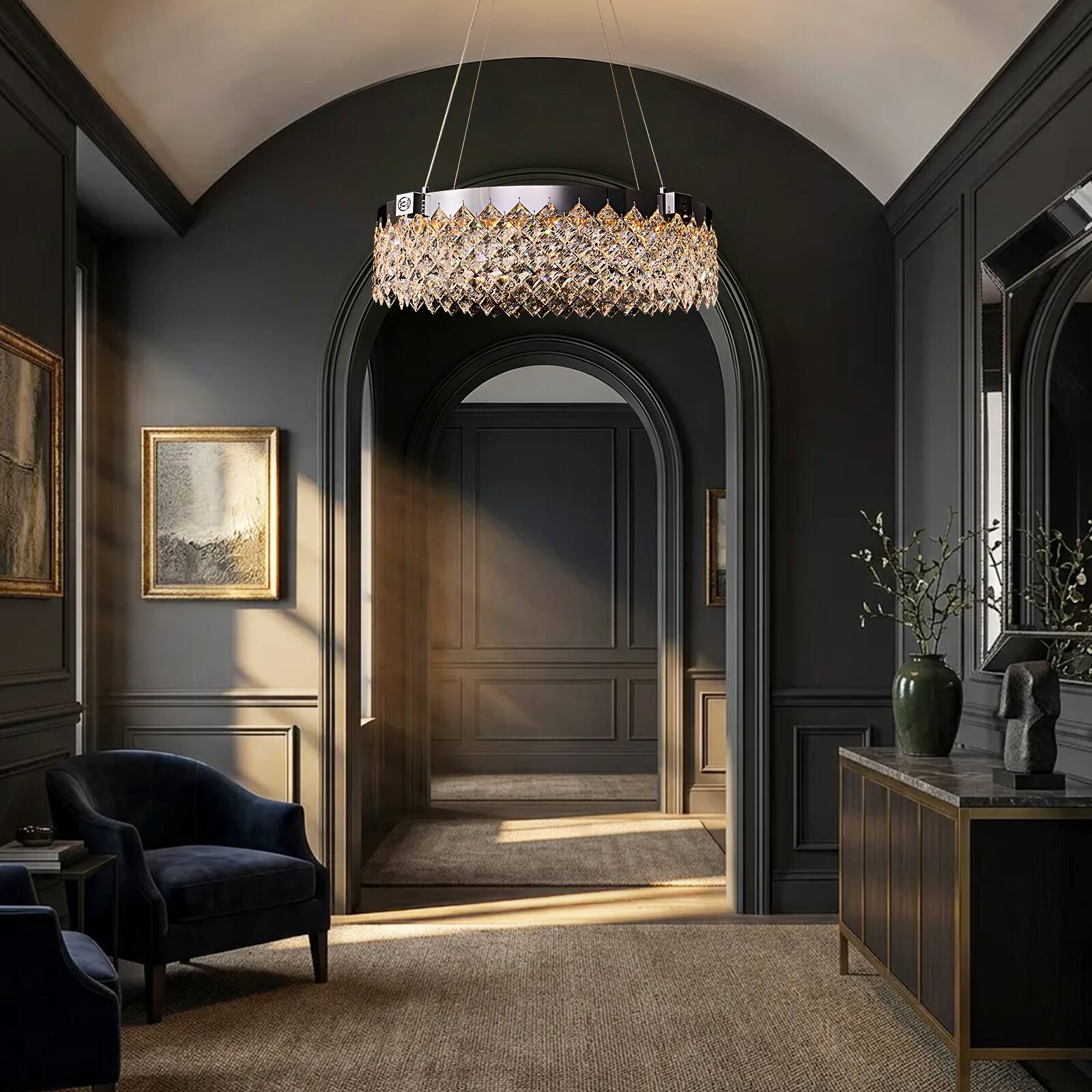 Alt View 2. Siljoy - 24-inch Modern Round Alabaster LED Chandelier Dimmable Adjustable Height for Living Room Foyer and Bedroom - Chrome.