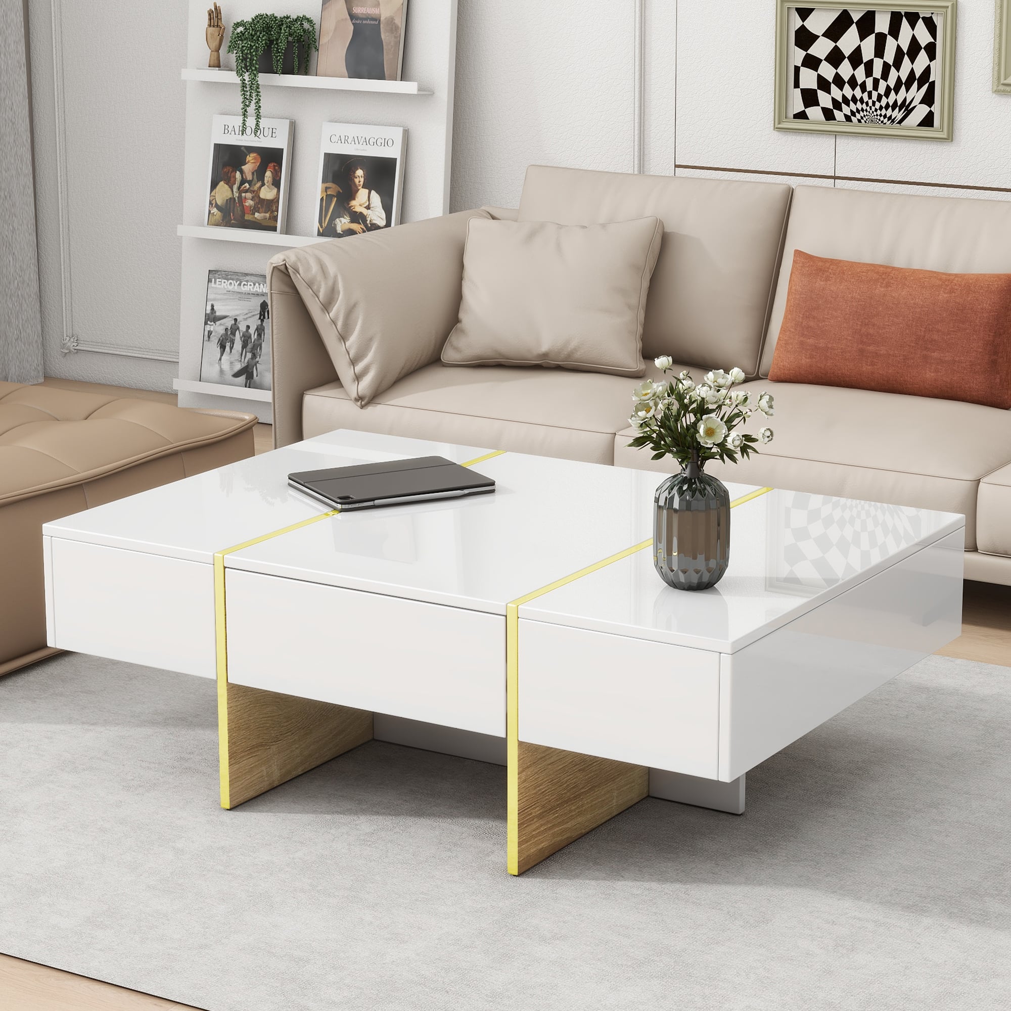 Tiramisubest - Minimalist High Gloss Coffee Table with 2 Drawers,Multi-Storage Rectangle Sofa Table with Golden Wood Grain Legs - White