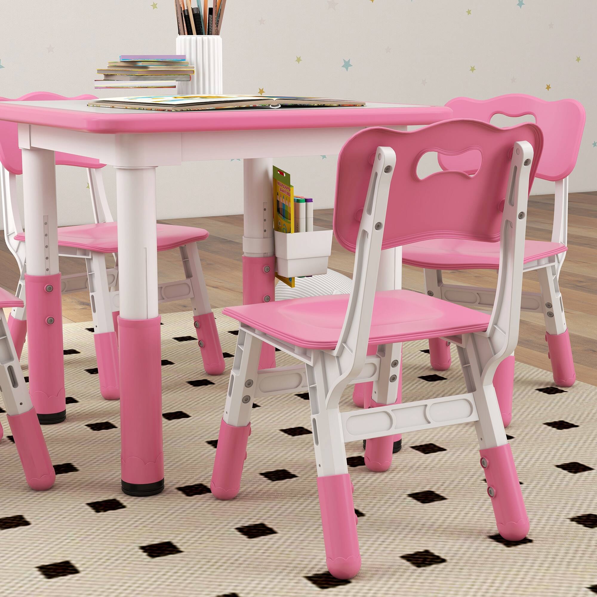 Alt View 5. Qaba - 5 Pieces Kids Table and Chairs, Height Adjustable Toddler Table and Chair Set with Storage, Easy to Wipe - Pink.