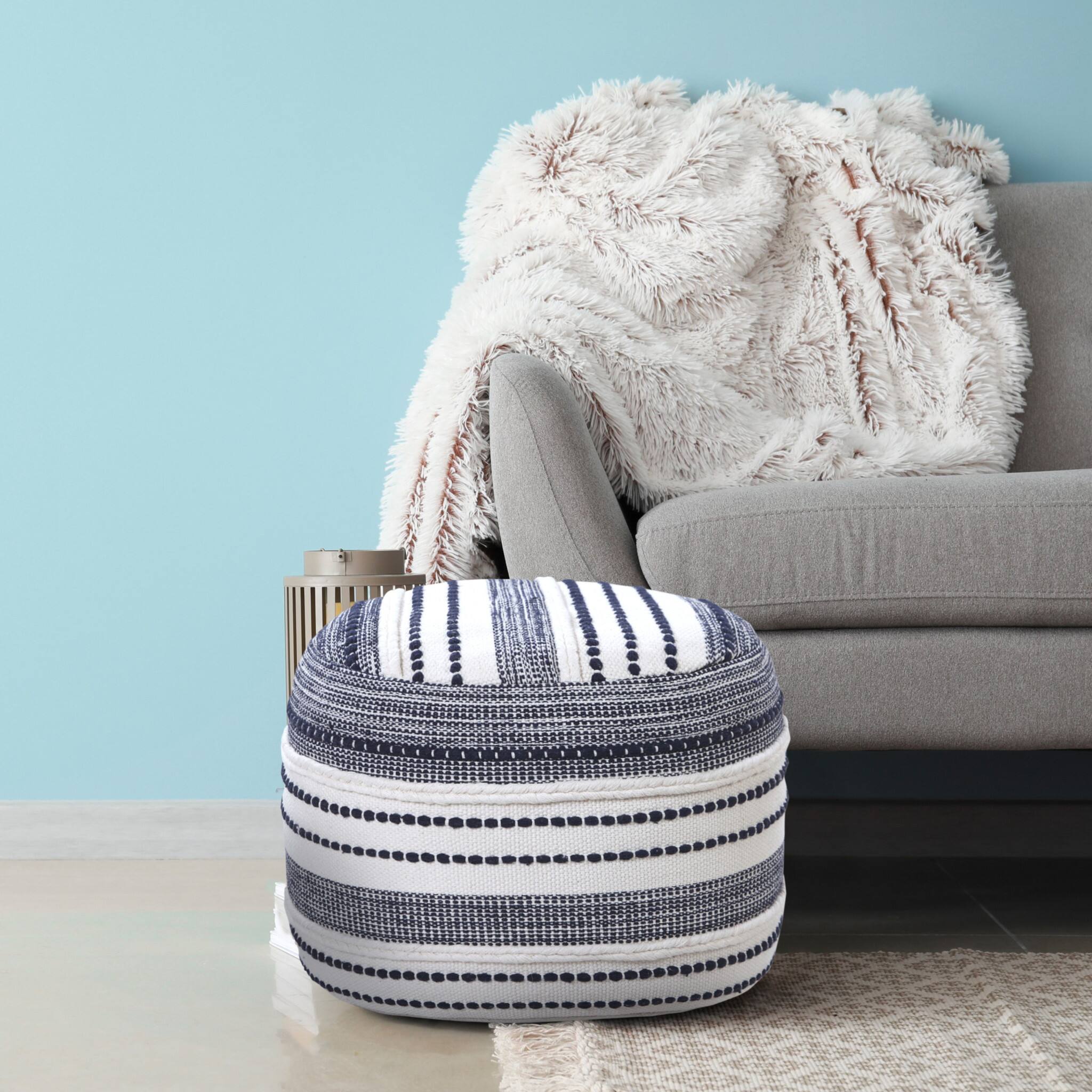 Alt View 4. Hivvago - Hivvago 18 Inch Cotton Cylinder Striped Pouf Ottoman - Blue, White.