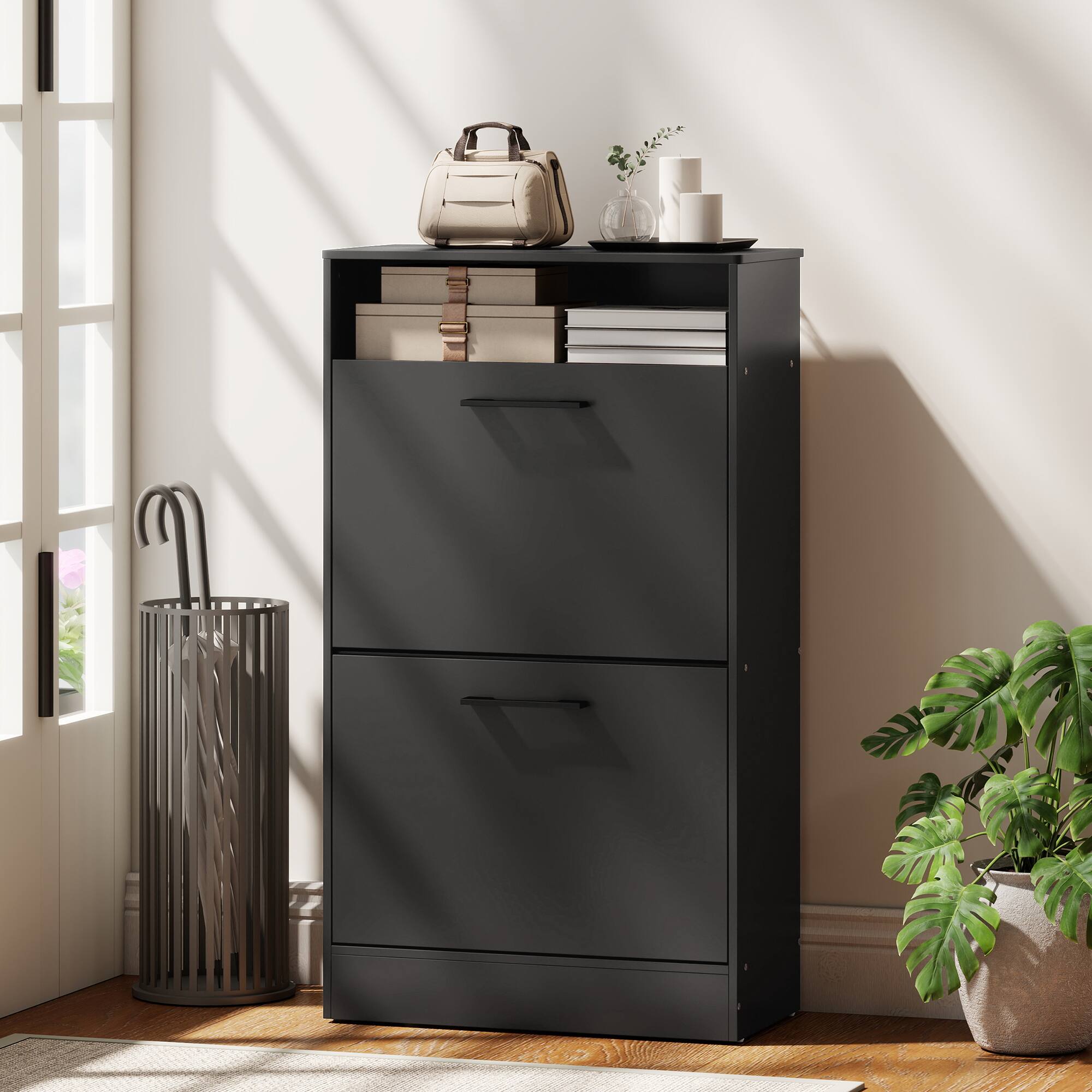 Alt View 1. Homcom - Cabinet 2 Flip Drawers Adjustable Dividers Shoe Storage Cabinet Top Shelf Entryway - Black.