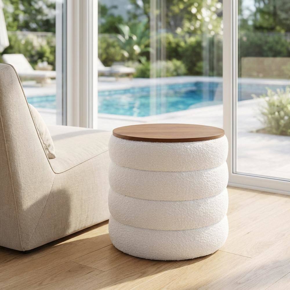 Left. Outdoor Escape - Round Boucle Fabric Outdoor Ottoman With Storage And Cushioned Top - Brown.