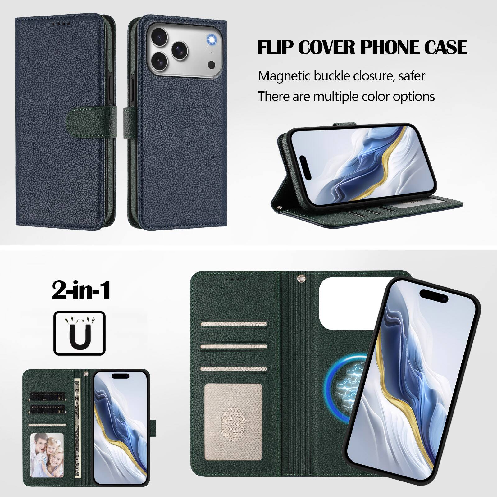 FLIP COVER PHONE CASE  
Magnetic buckle closure, safer  
There are multiple color options  

2-in-1