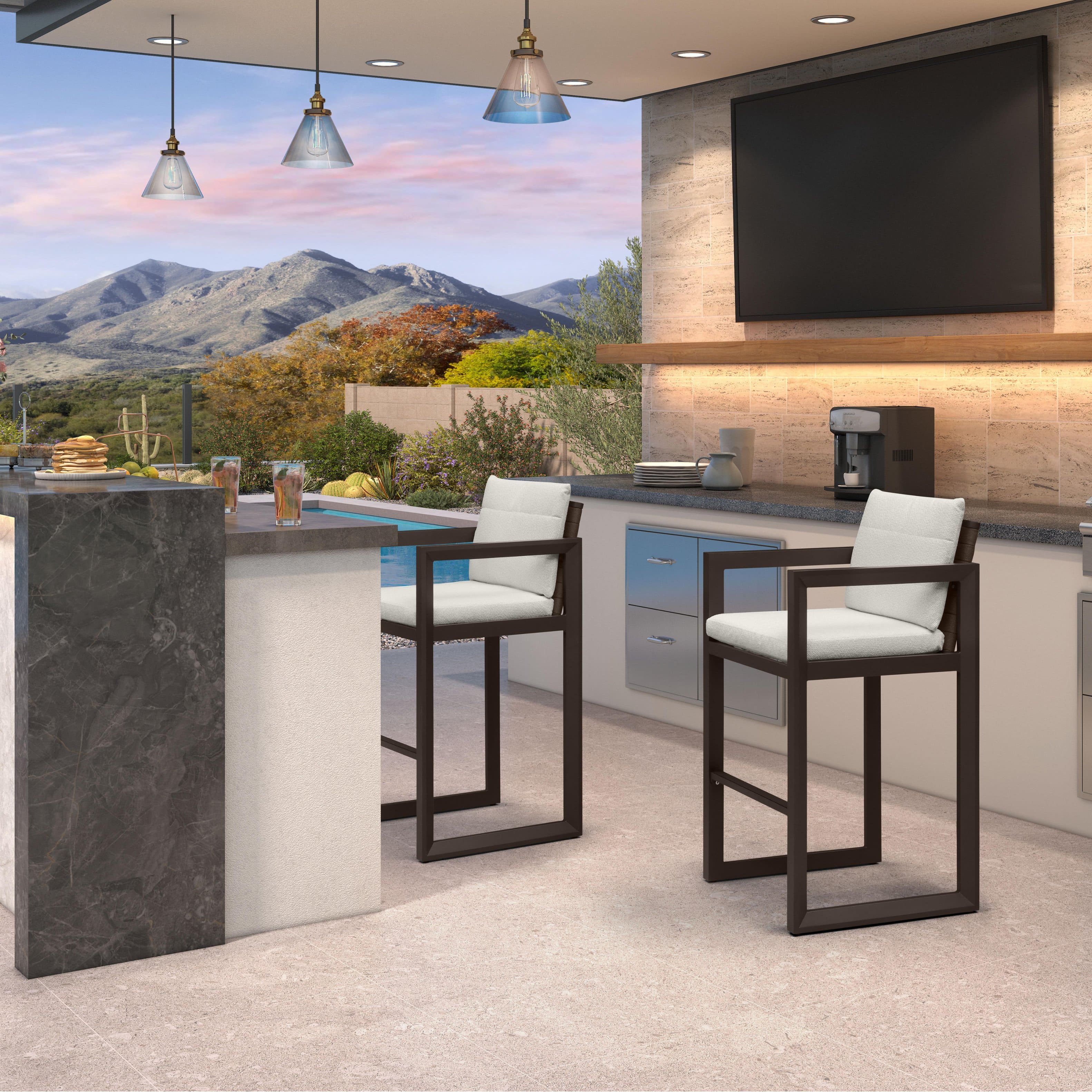 PURPLE LEAF - Outdoor Caesar Bar Stools Set of 2 Modern Aluminum Barstools with Stainless Removable Cushion for Kitchen Outside Island - Bronze-Bar Stool